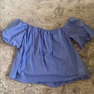 off the shoulder blue shirt